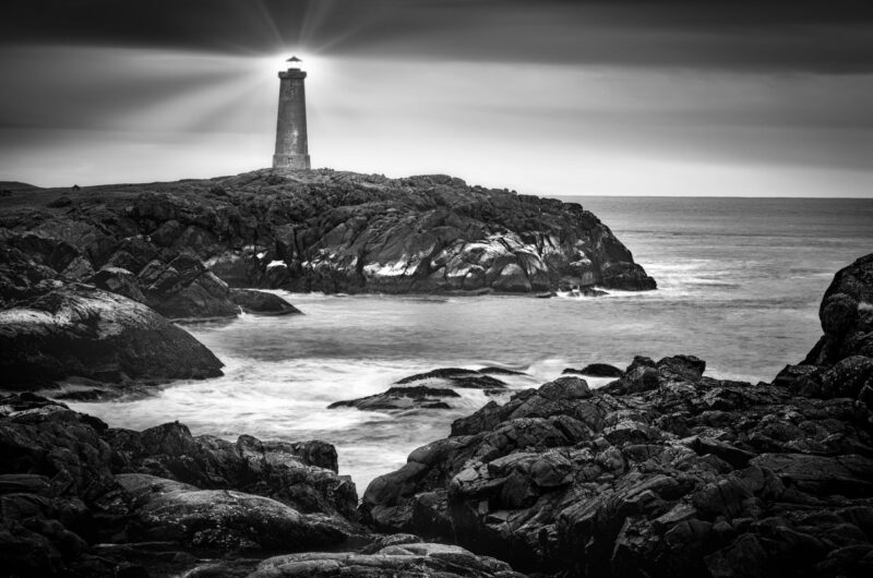 Fine art black and white photograph with Portland Head light by night. Completed in 1791, it is the oldest lighthouse in Maine