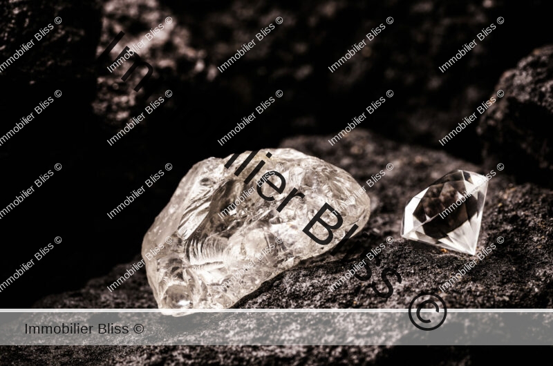 rough diamond and cut diamond in coal mine, mining concept and rare gemstone