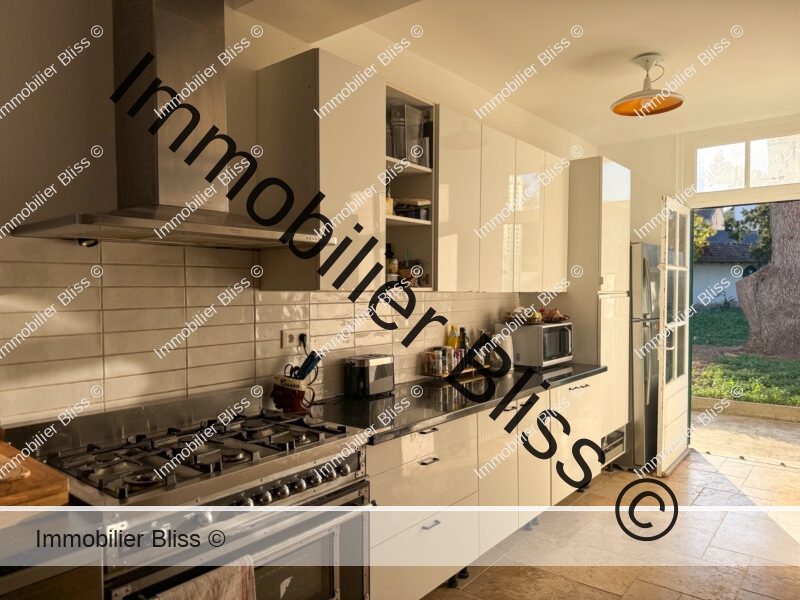 Éléments cuisine porte jardin ouverte à l'arrière